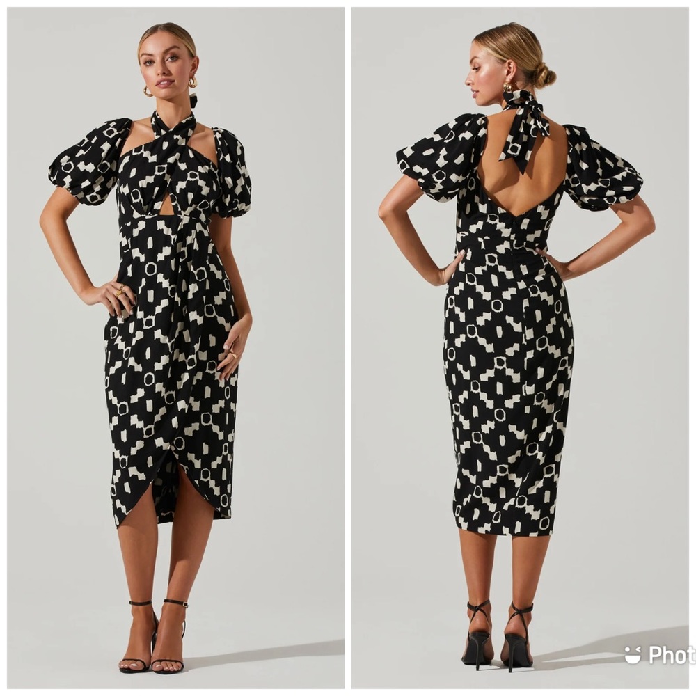 ASTR Hailey Geo Print Halter Midi Dress Black Cream Short Sleeve